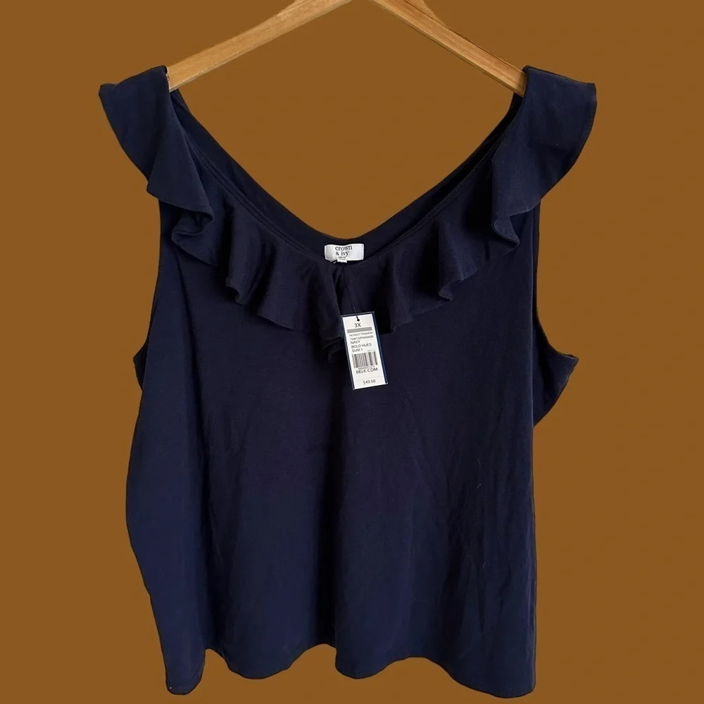 NWT Crown & Ivy Curvy 3X Navy Blue Modal Blend Knit Ruffle Tank Top V Neck New